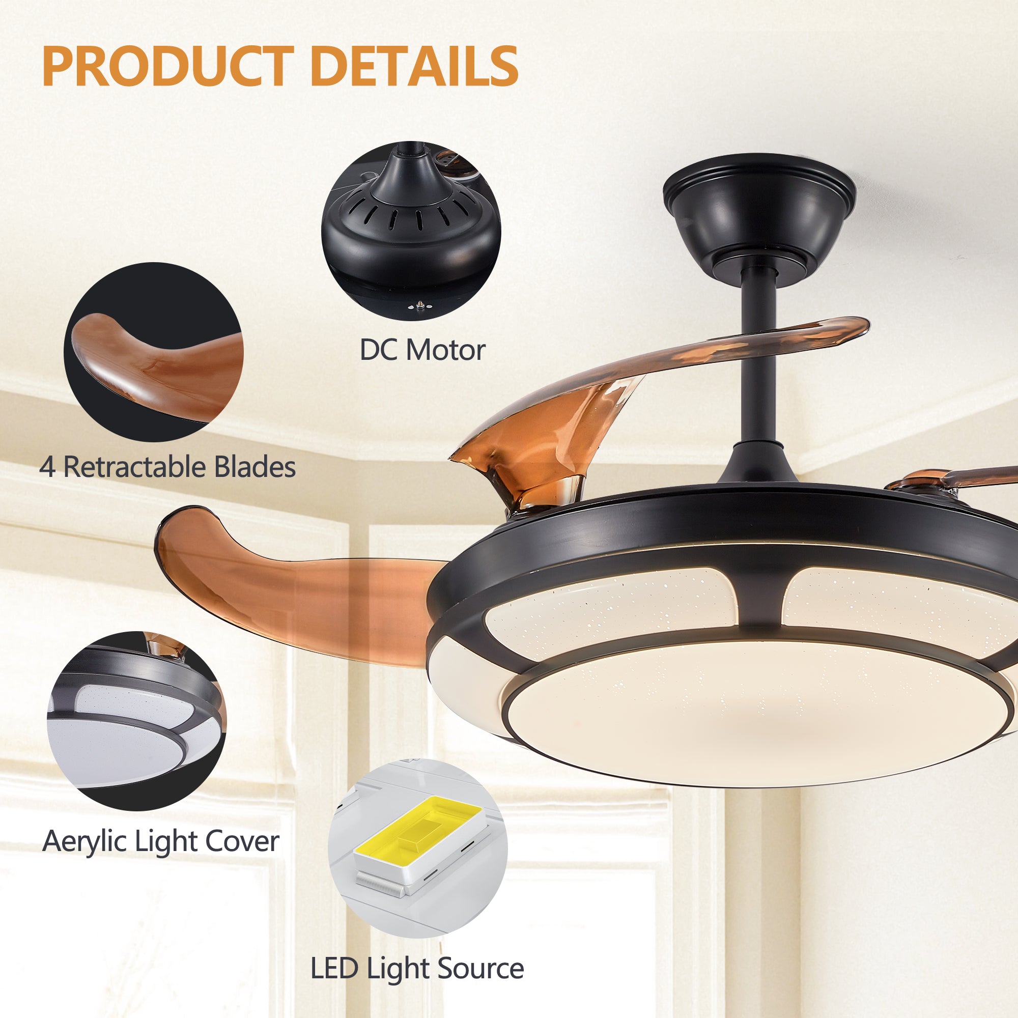 Modern Minimalist Invisible Retractable Ceiling Fan With LED Light