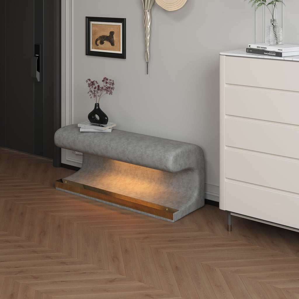 Entryway Bench Leather Ottoman w/ LED Sensor Light (Gray)