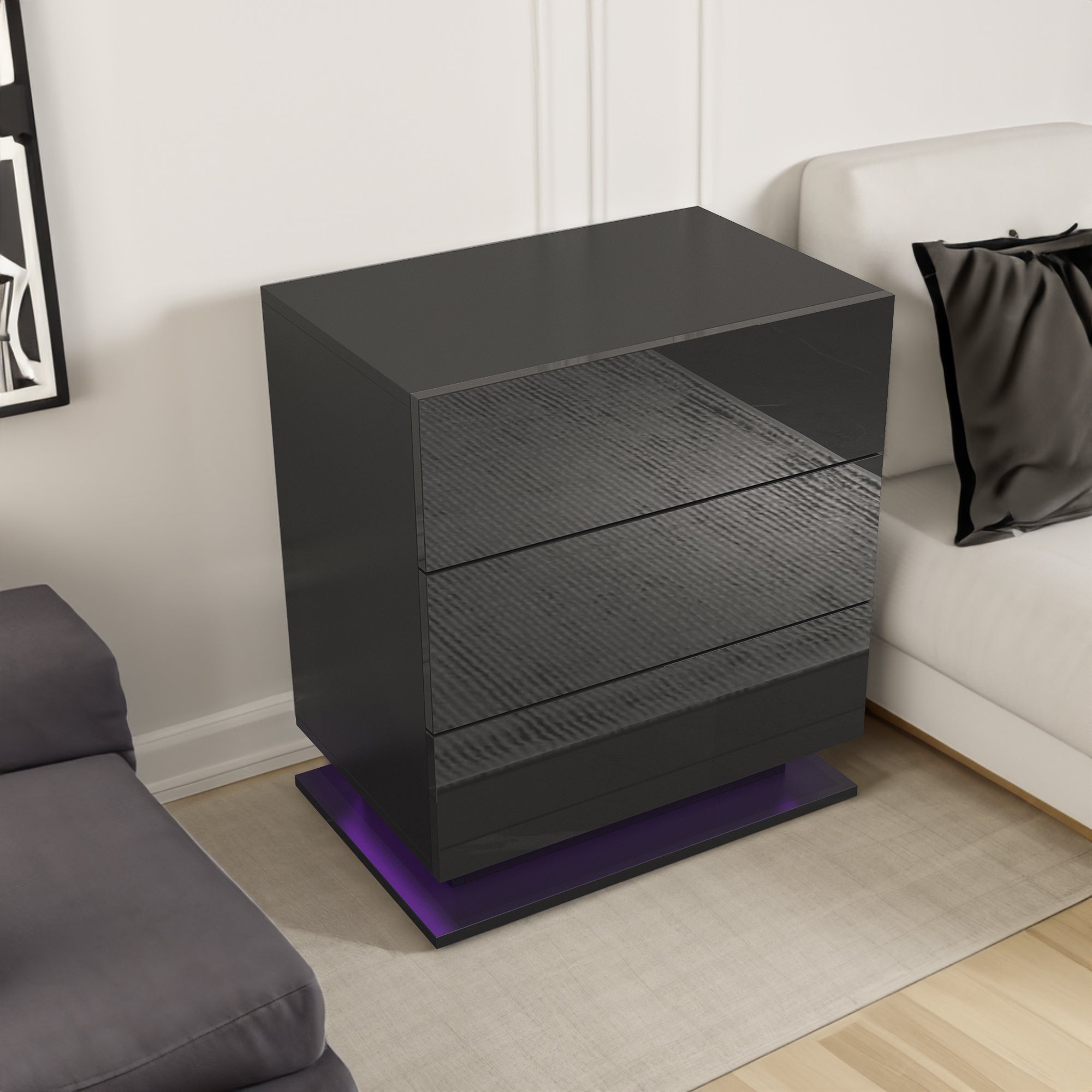 Modern LED Nightstand w/ 3 Drawers (Black)