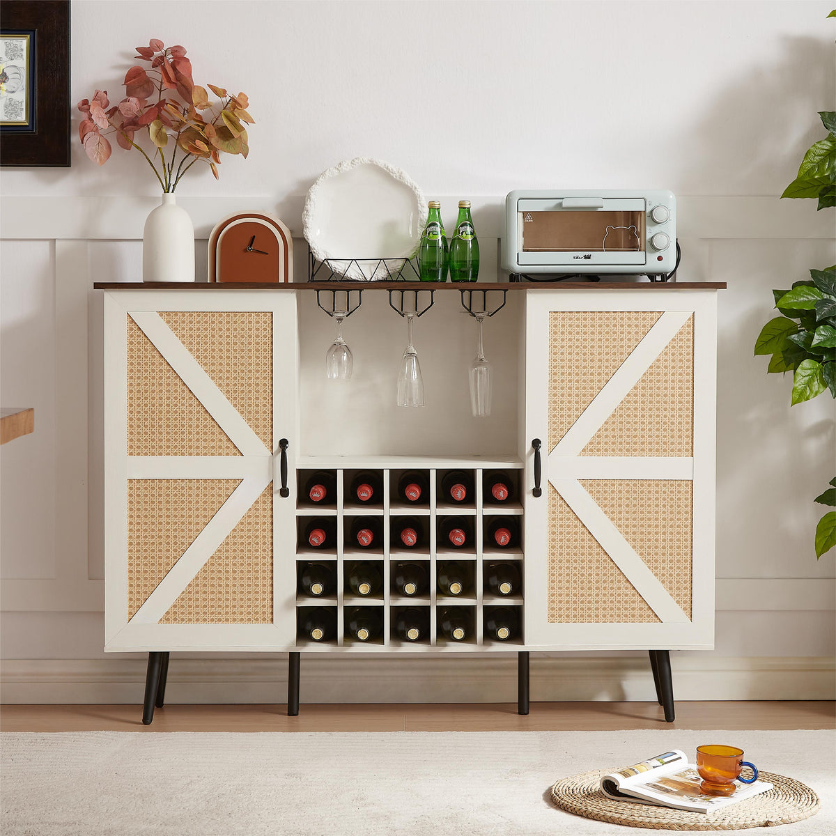 White Faux Rattan Barn Door Wine Cabinet W/ Wine Rack and Wine Glass Rack