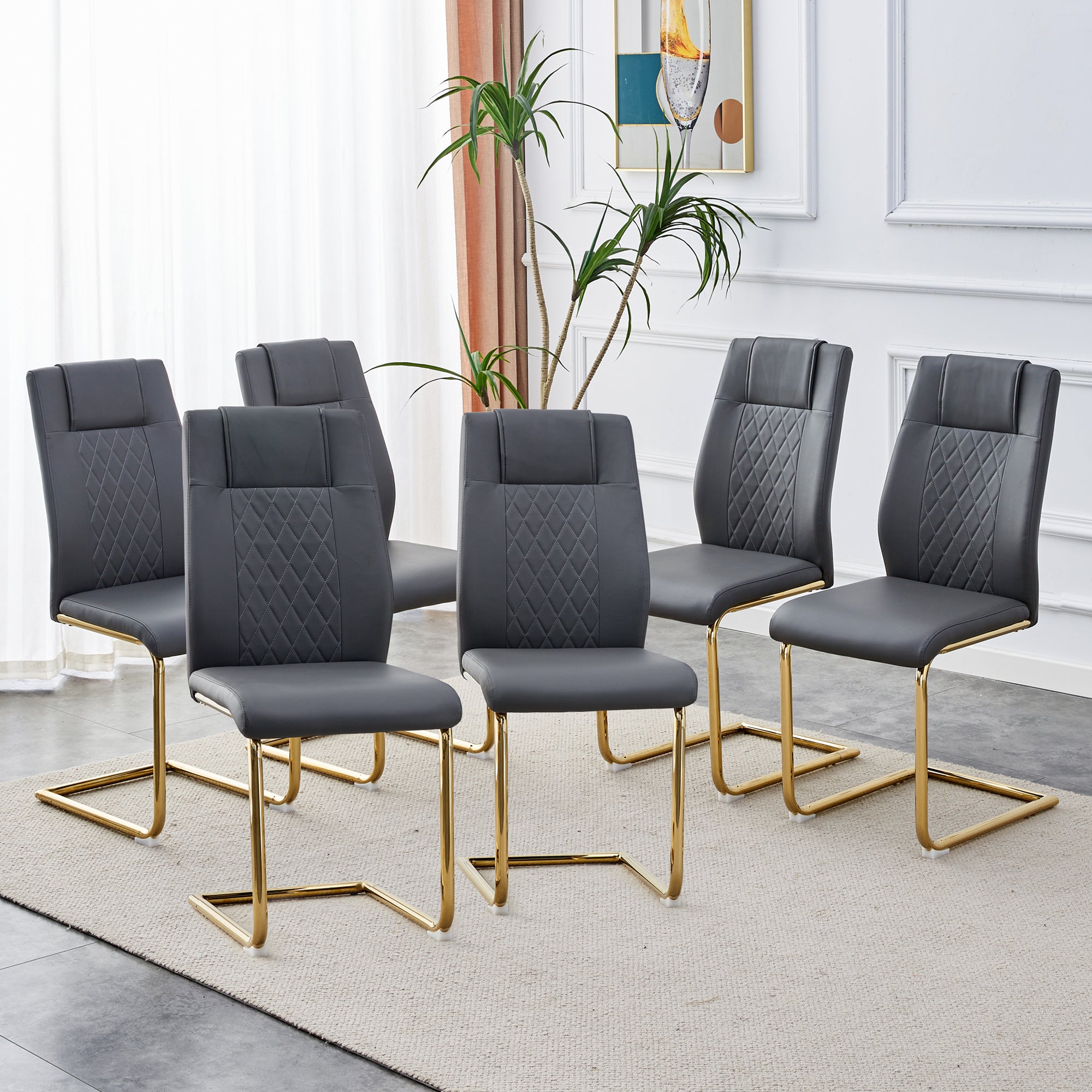 Set of 6 Chic Faux Leather Cushioned Chairs w/ Metal Legs (Gray)