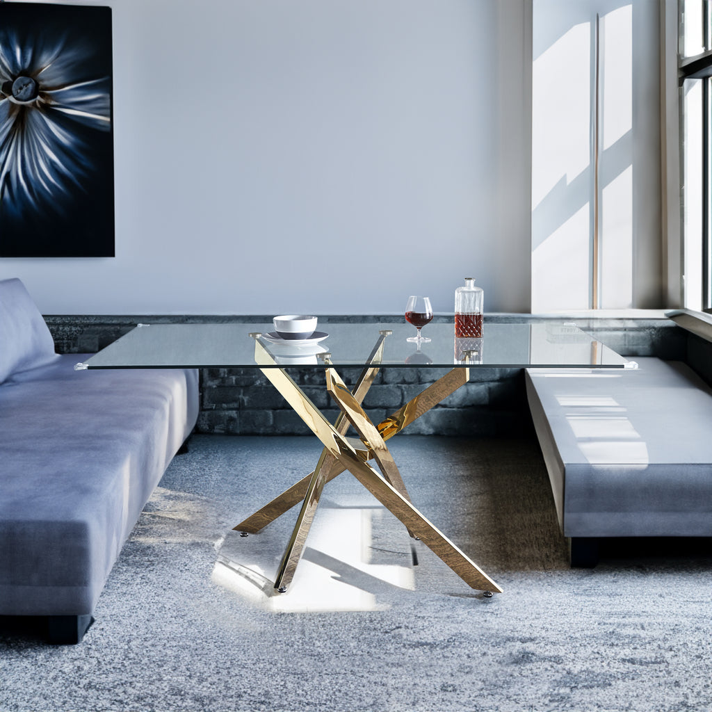 Modern Rectangular Tempered Glass Dining Table (Gold)