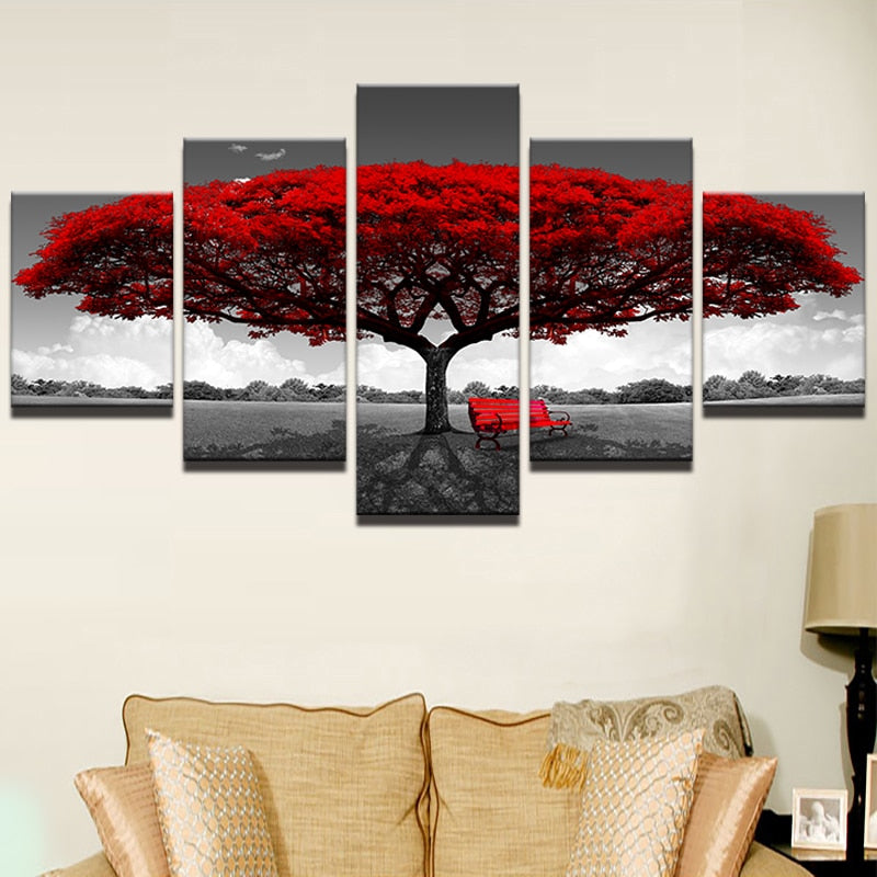 Modular Canvas HD Print Wall Art - 5 Pieces Red Tree