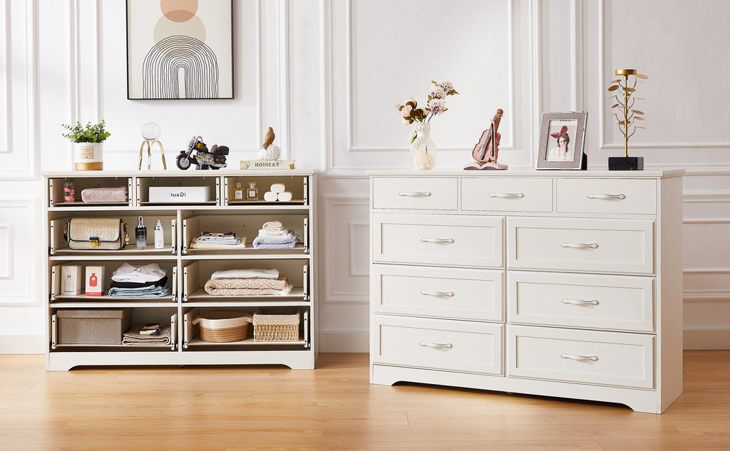 9 Drawer Dresser w/ Antique Handles (White)