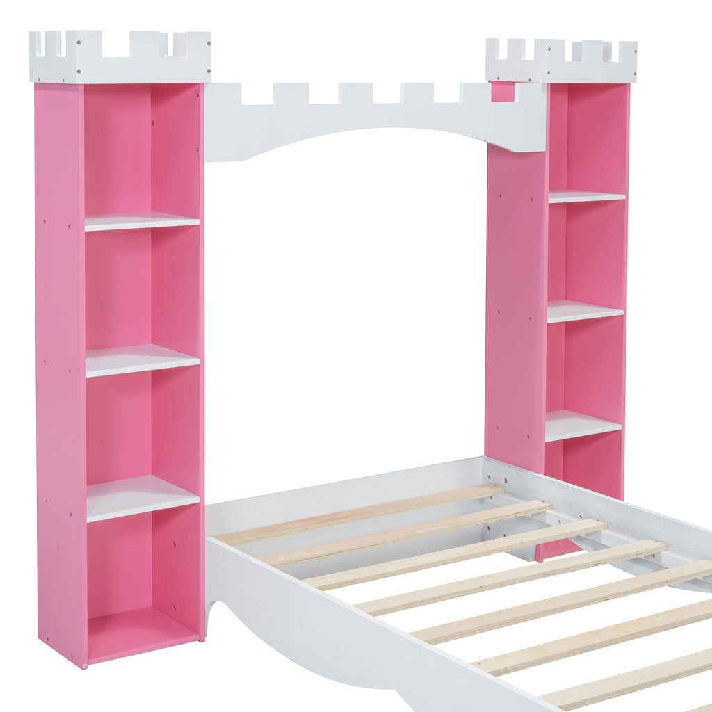 Castle-Shaped Wooden Bed w/ Storage Shelf (Pink)