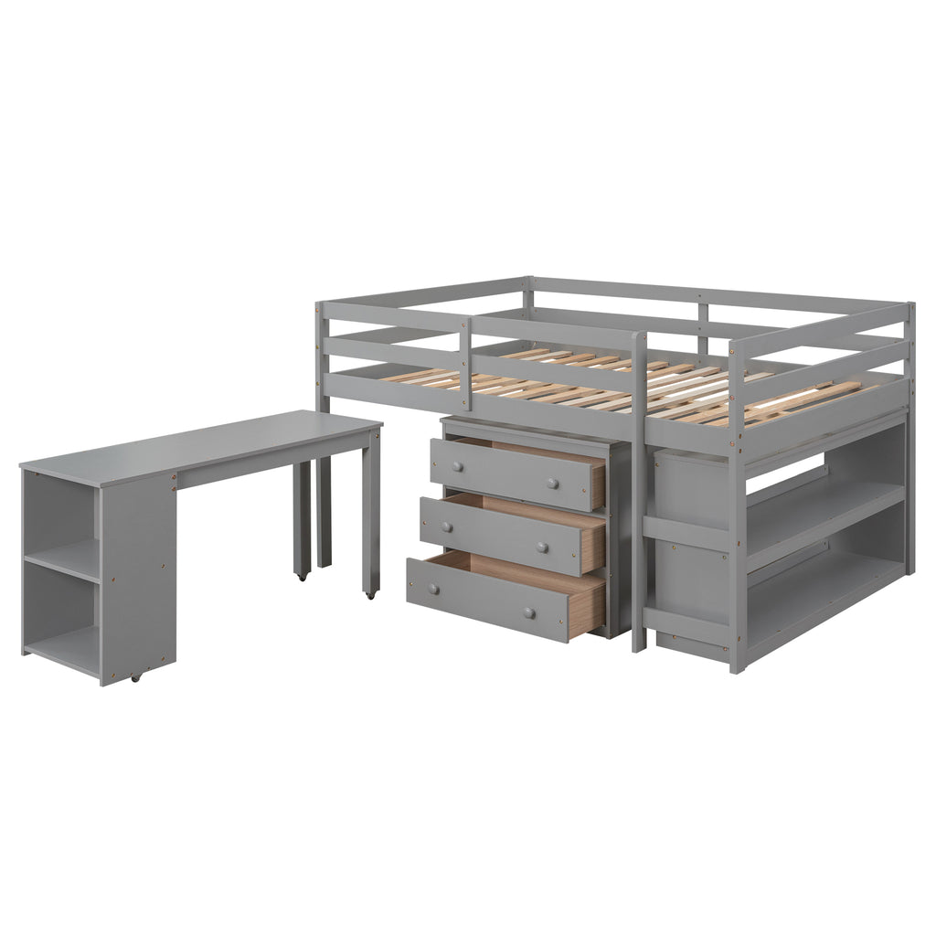 Low Study Full Loft Bed w/ Cabinet Shelves & Desk (Gray)