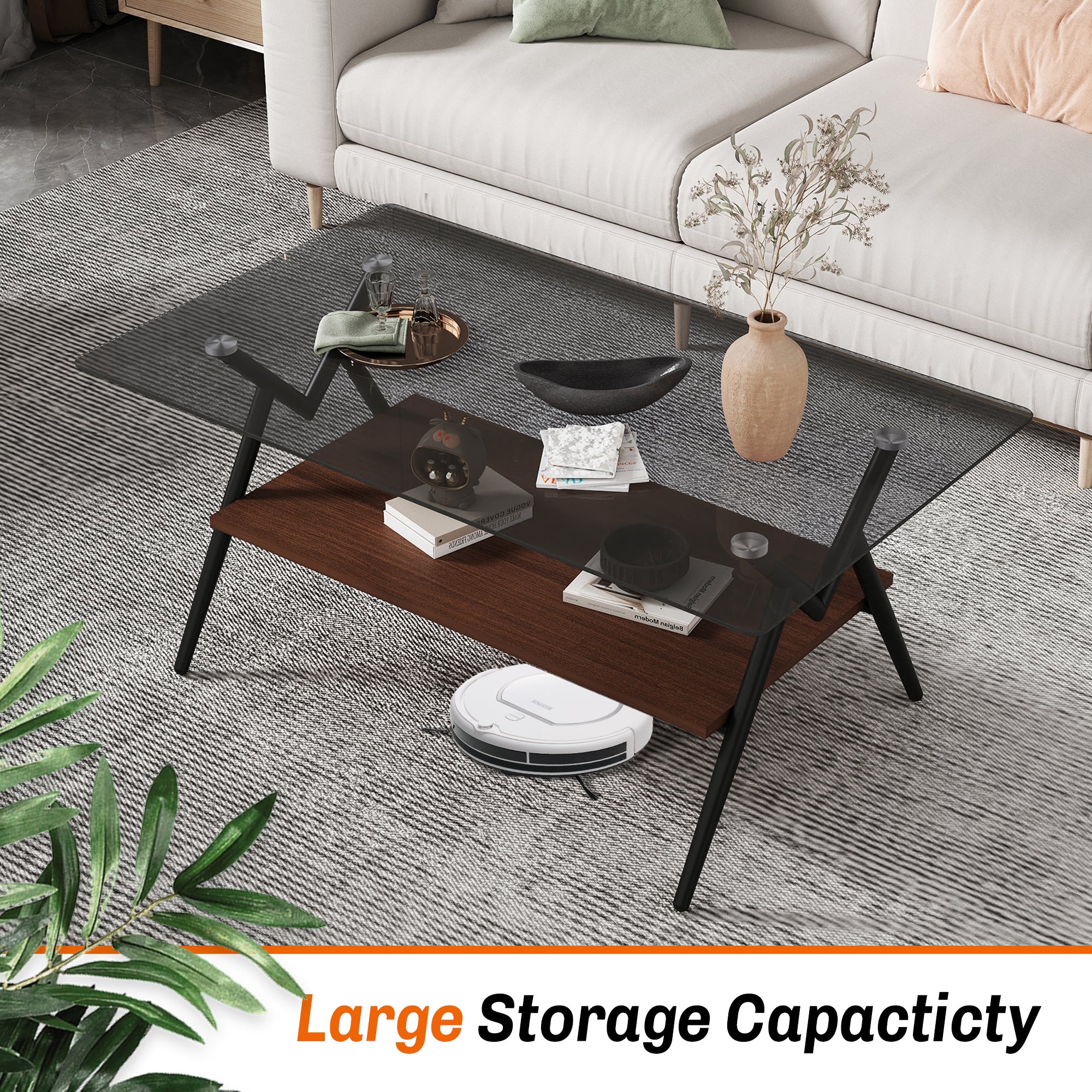 Modern Rectangle Coffee Table with Gray Tempered Glass