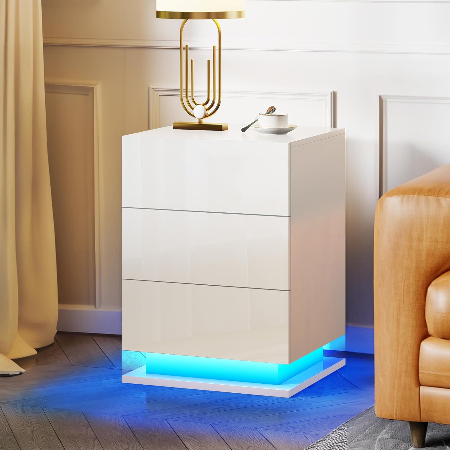 LED Nightstand with 3 drawers (White)