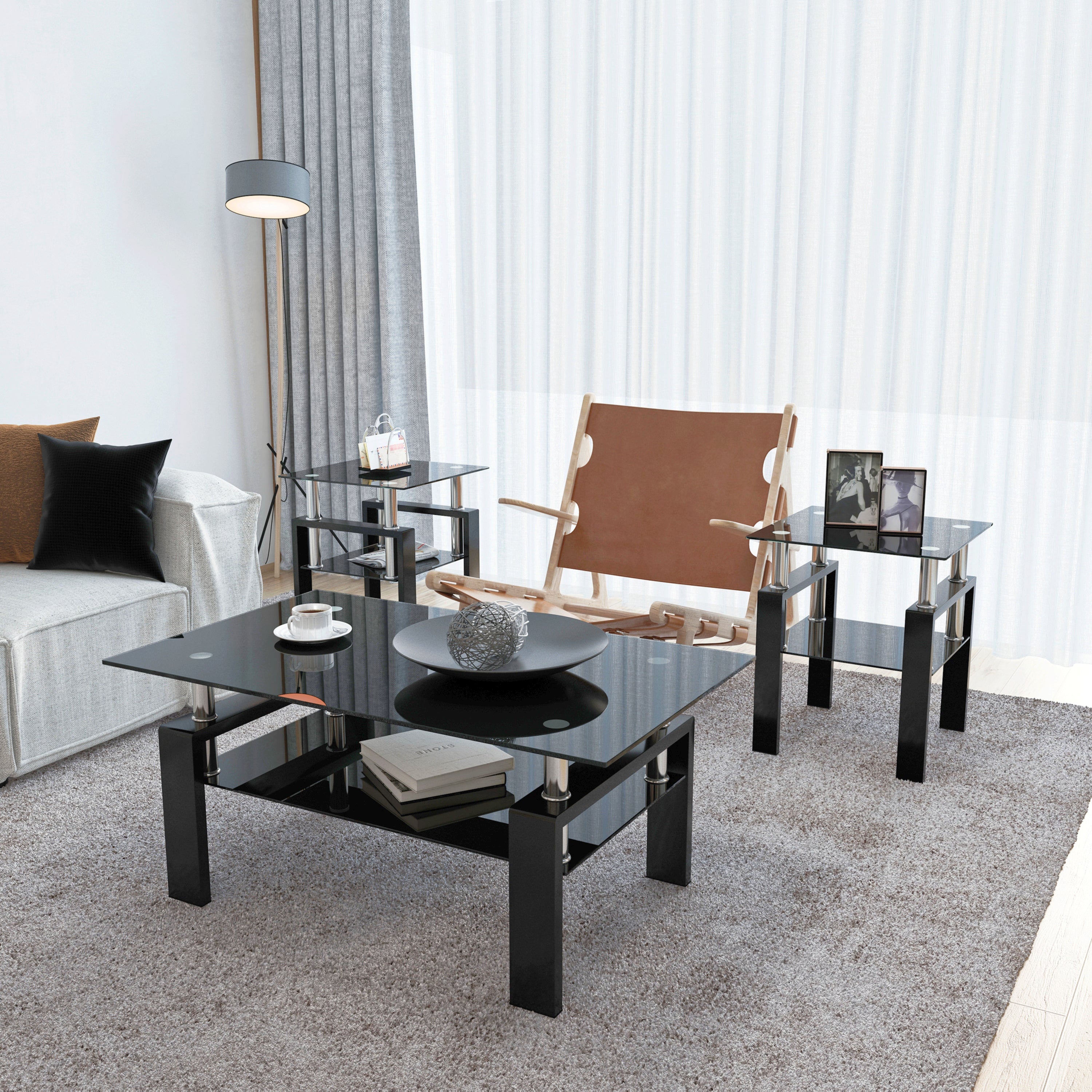 Set of 2, Modern Tempered Glass Coffee Table (Black)