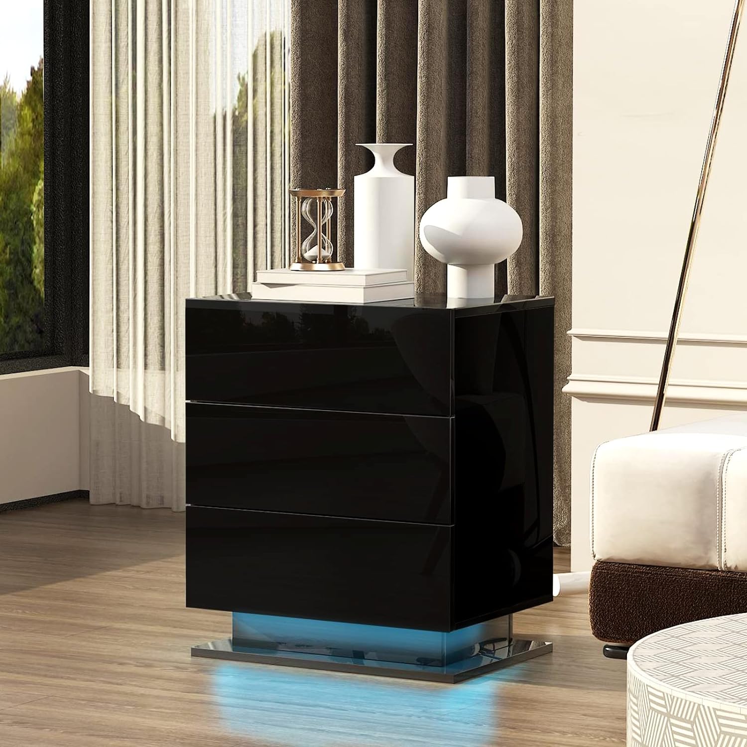 Modern LED Nightstand w/ 3 Drawers (Black)
