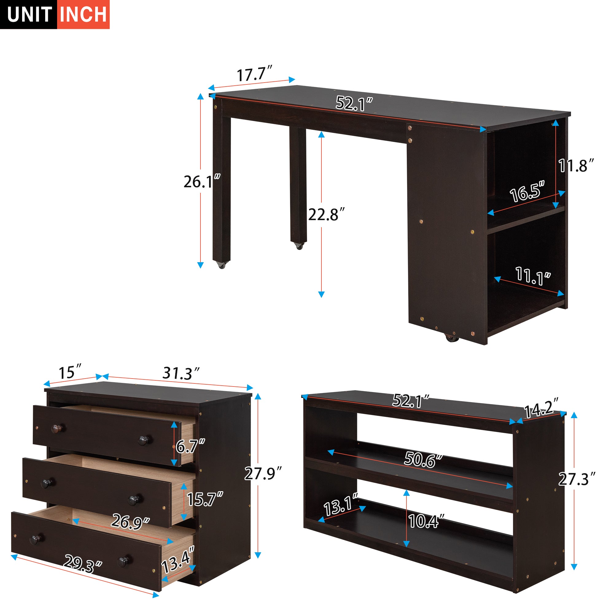 Low Study Full Loft Bed w/ Cabinet Shelves & Desk (Espresso)
