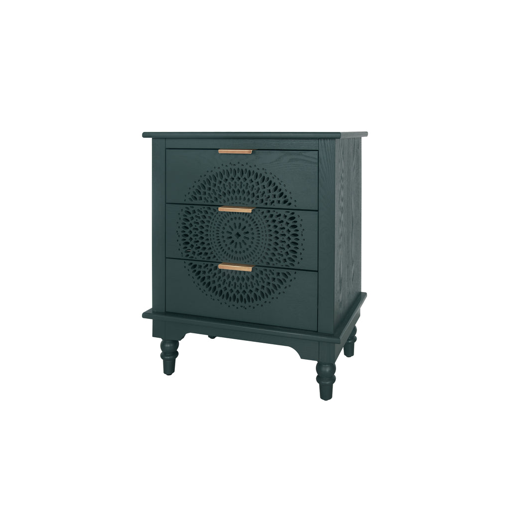 Hollow-Carved 3 Drawer Dresser Chest (Blackish Green)