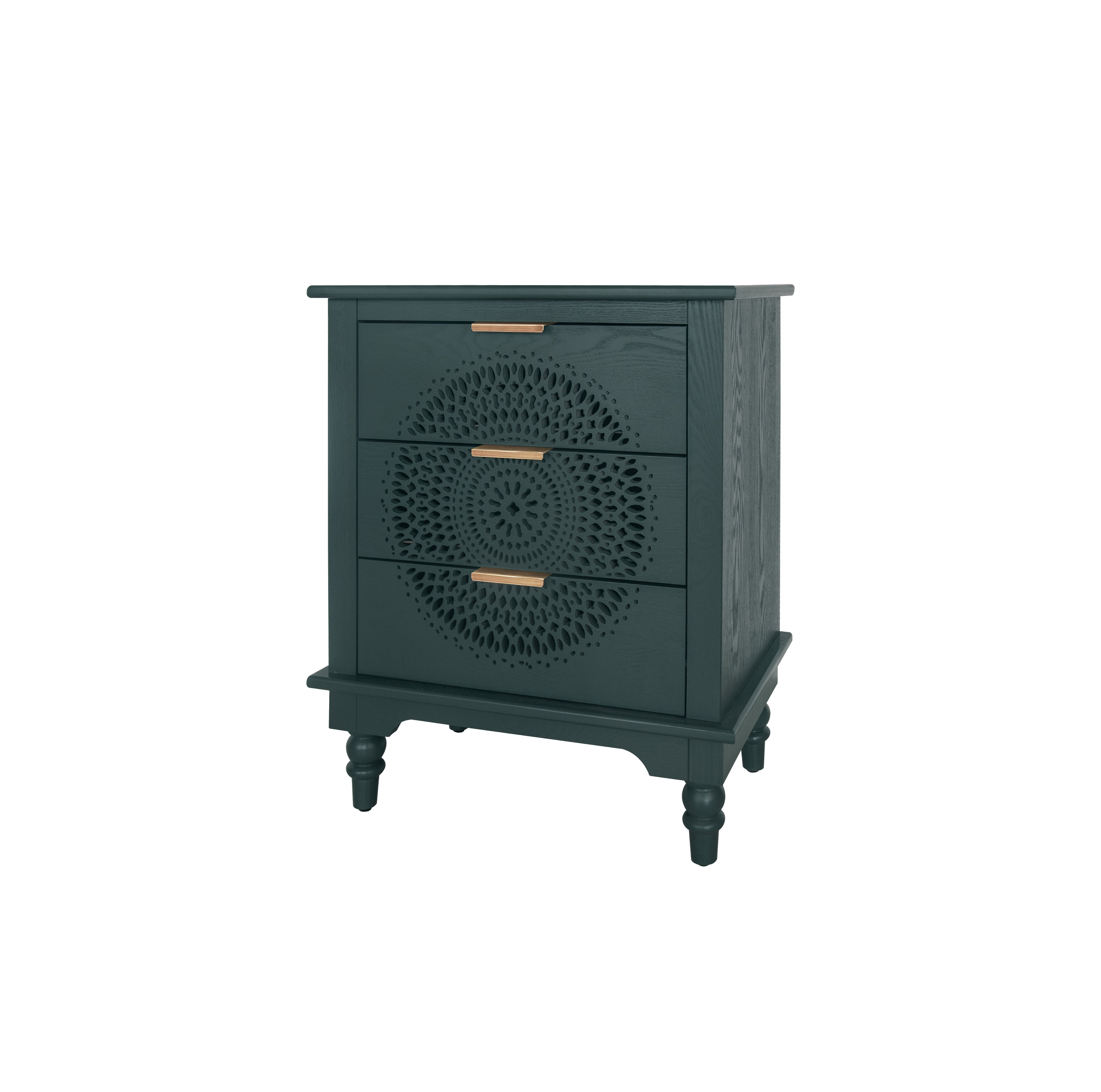 Hollow-Carved 3 Drawer Dresser Chest (Blackish Green)