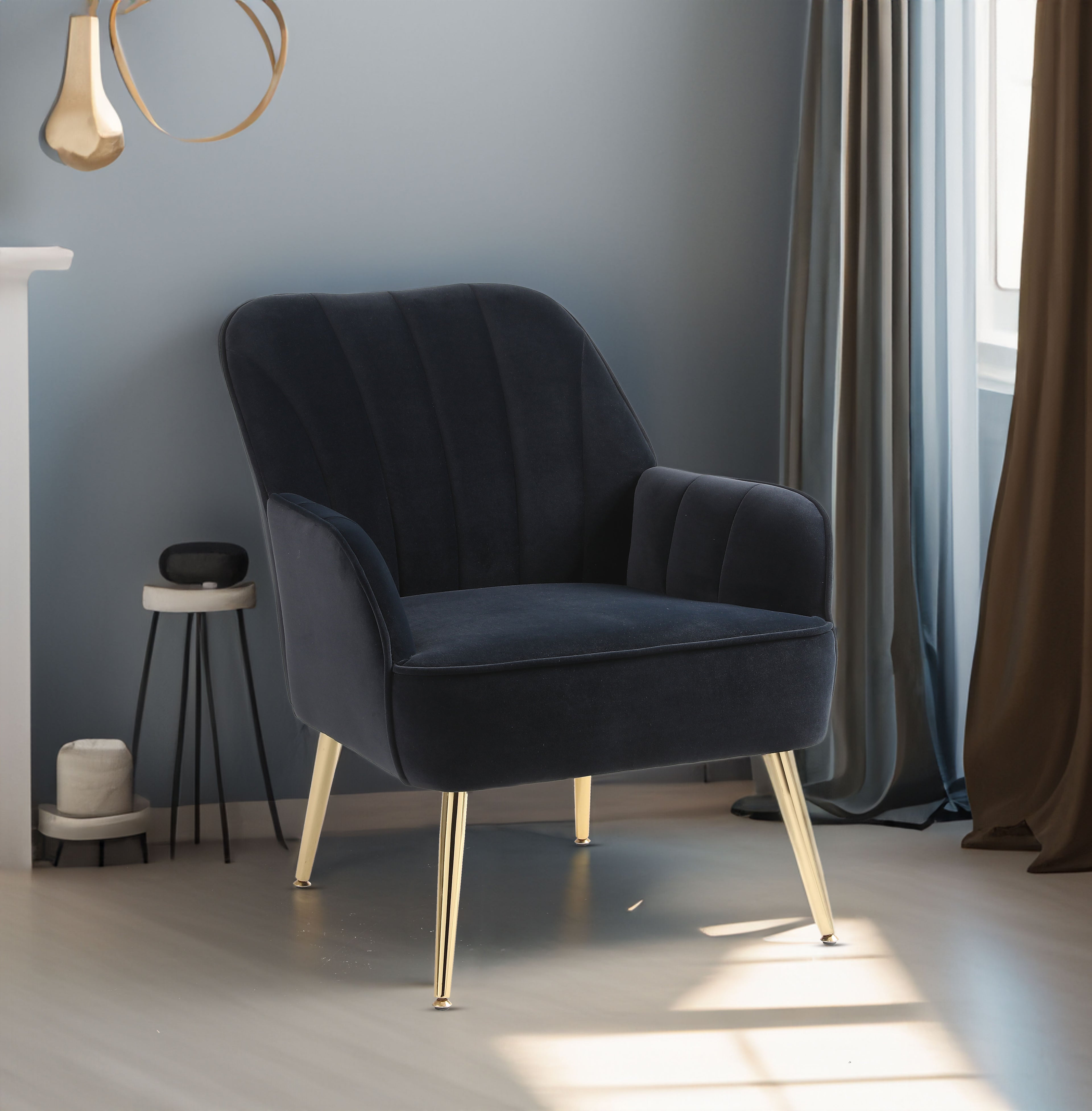 Modern Mid Century Velvet Sherpa Armchair (Black)