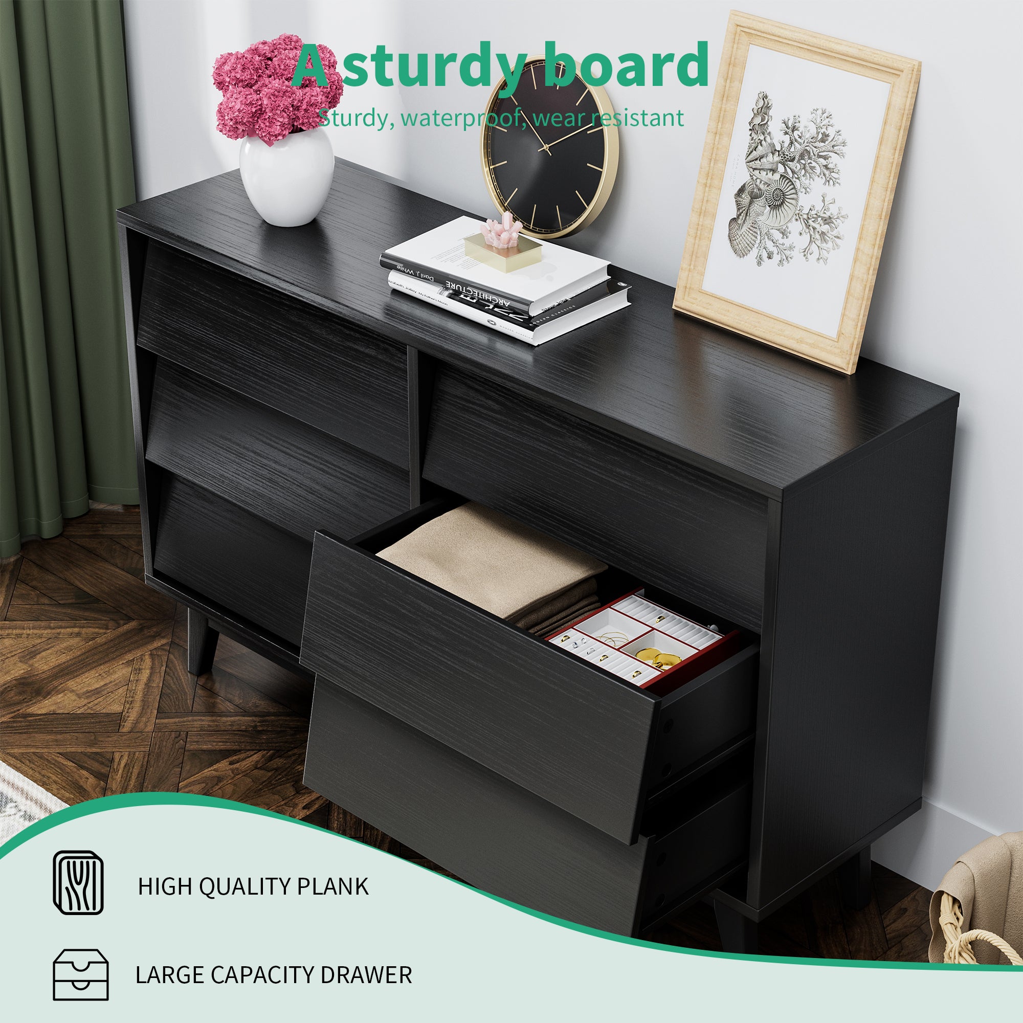 6 Drawer Vintage Bevel Dresser (Black)