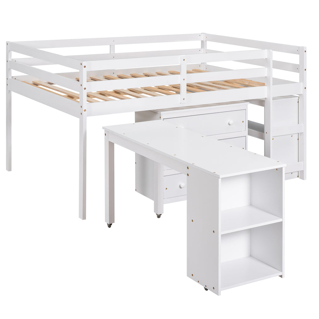 Low Study Full Loft Bed w/ Cabinet Shelves & Desk (White)