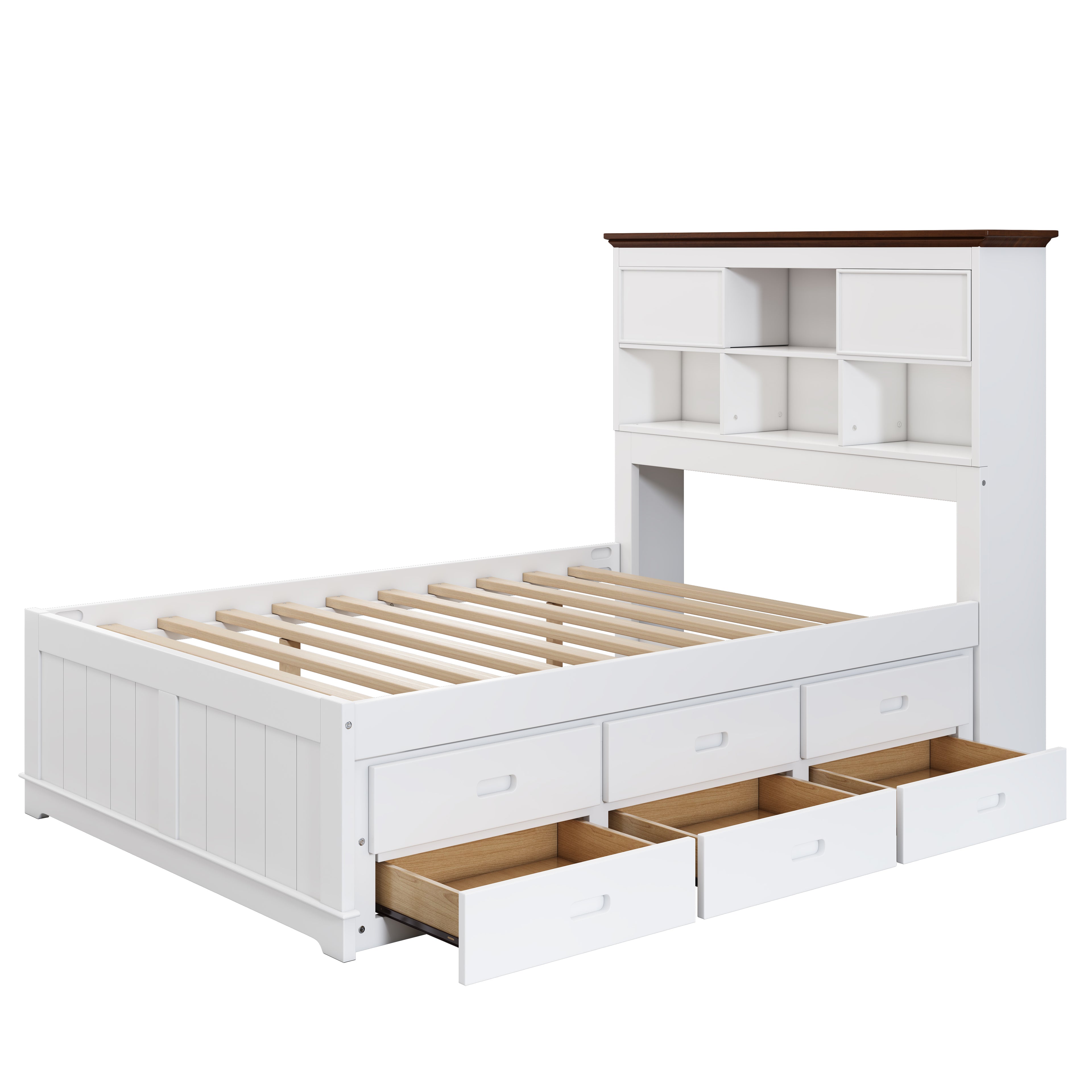 Solid Pine Twin Captain Bookcase Bed w/ Trundle Bed & 3 Drawers in Casual (White+Walnut)
