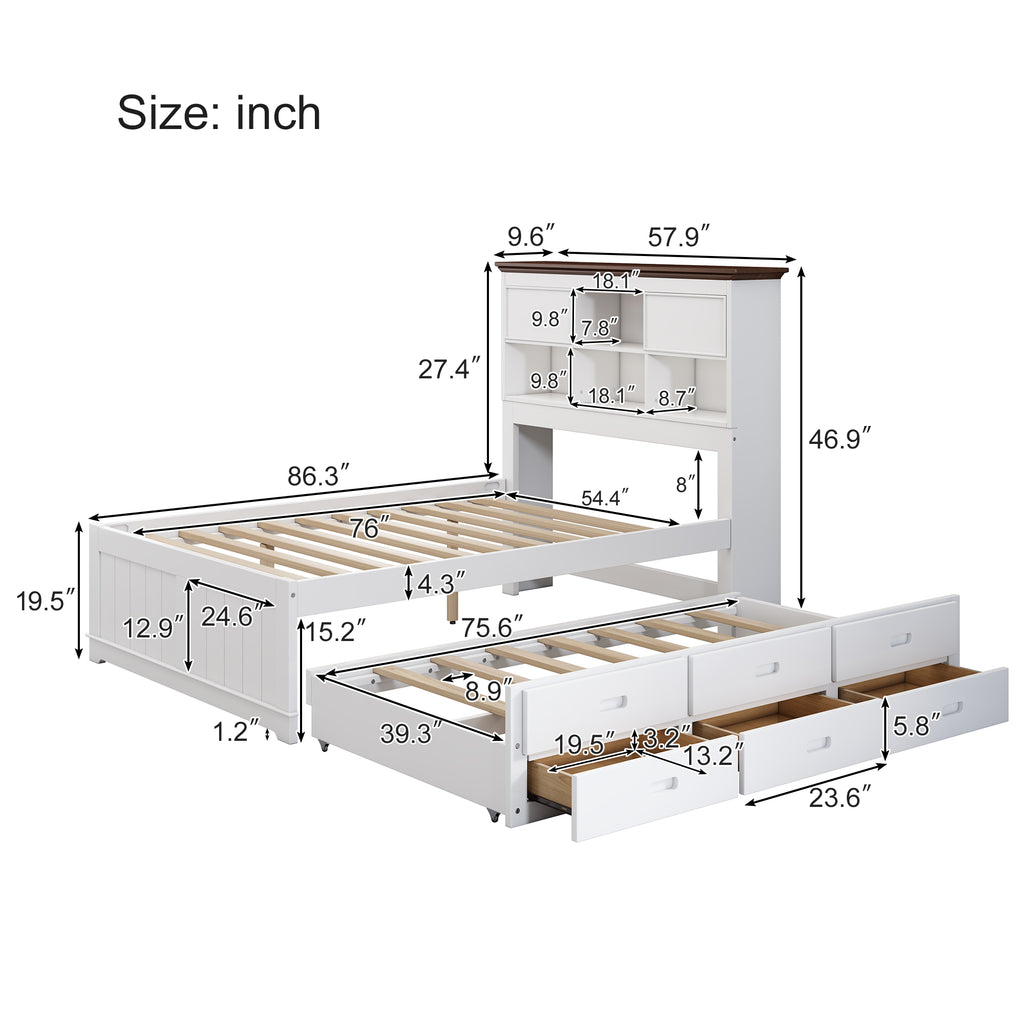 Solid Pine Twin Captain Bookcase Bed w/ Trundle Bed & 3 Drawers in Casual (White+Walnut)