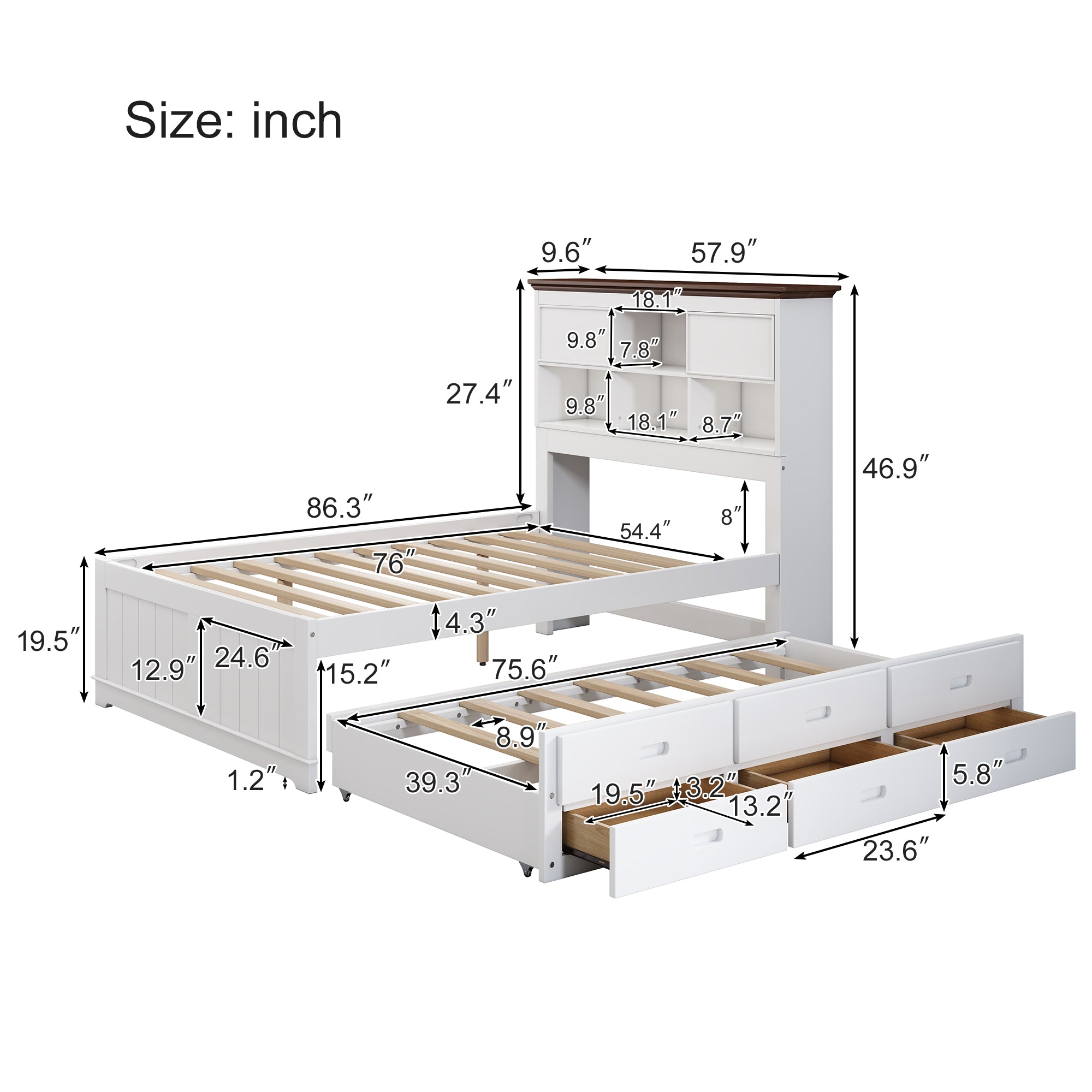 Solid Pine Twin Captain Bookcase Bed w/ Trundle Bed & 3 Drawers in Casual (White+Walnut)