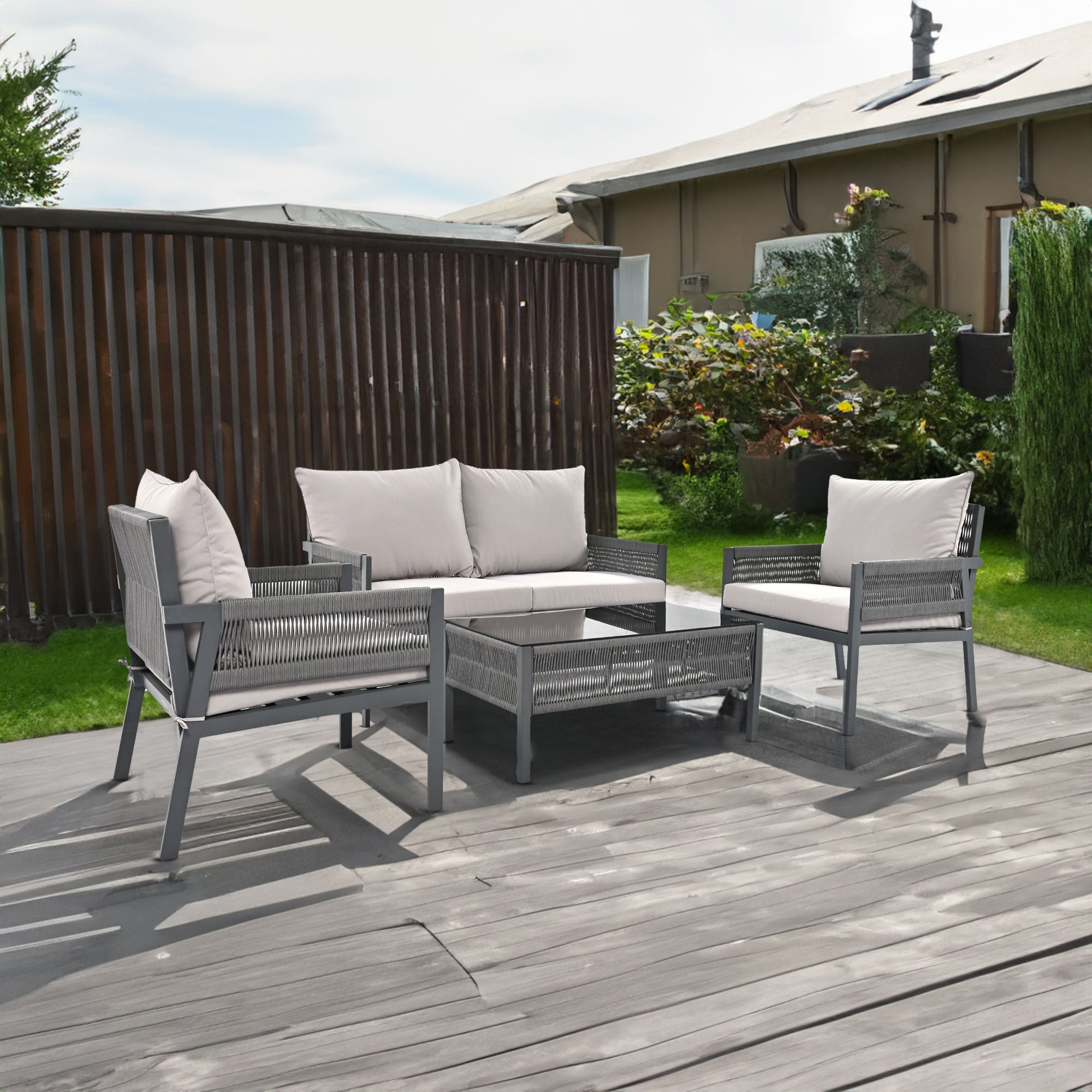 4 PC Boho Outdoor Furniture w/ Tempered Glass Table (Gray)