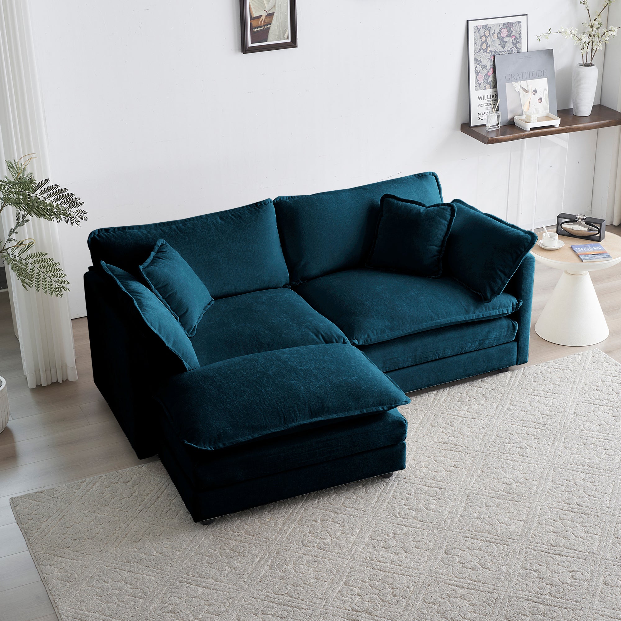 Chenille 2 seat L-shaped section w/ Ottoman (Blue)