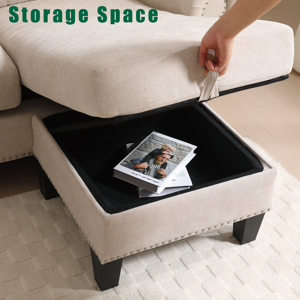 Convertible L-shaped Sectional w/ Storage (Beige)