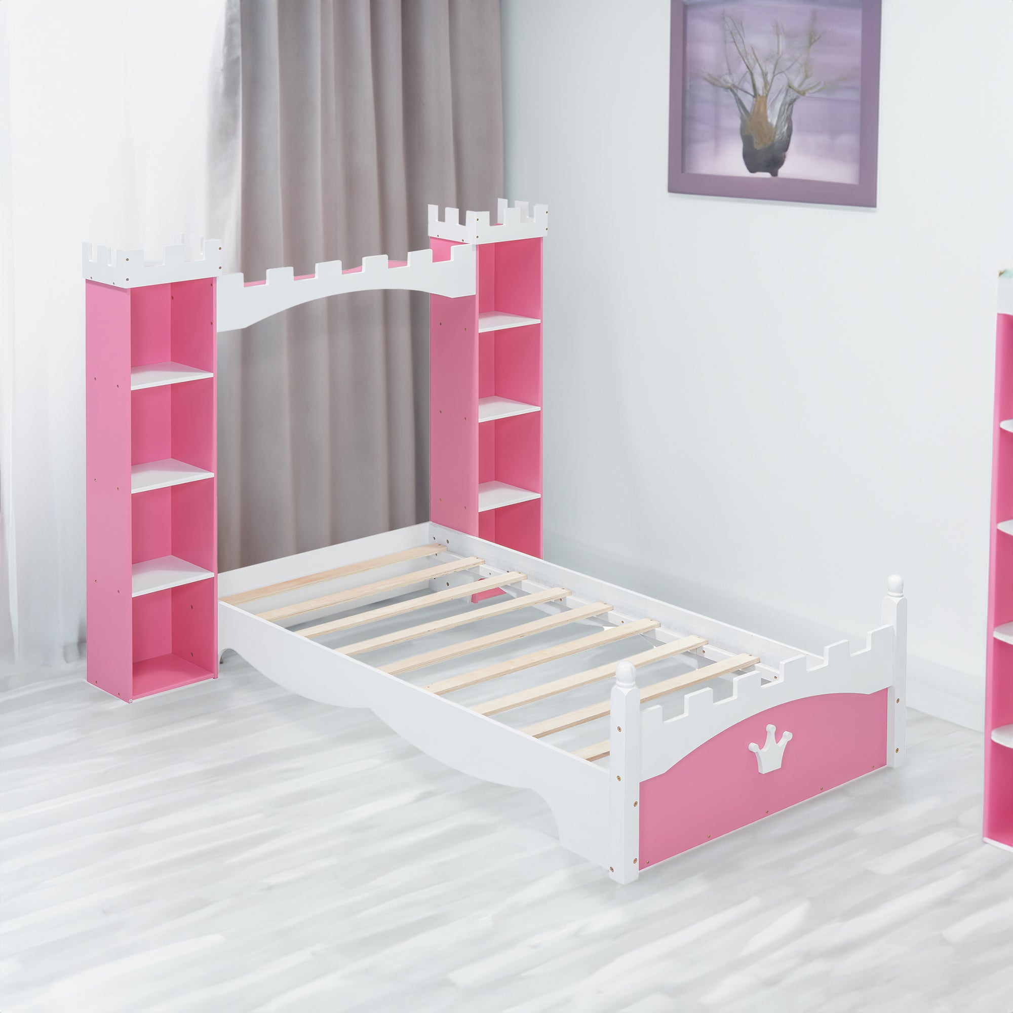 Castle-Shaped Wooden Bed w/ Storage Shelf (Pink)