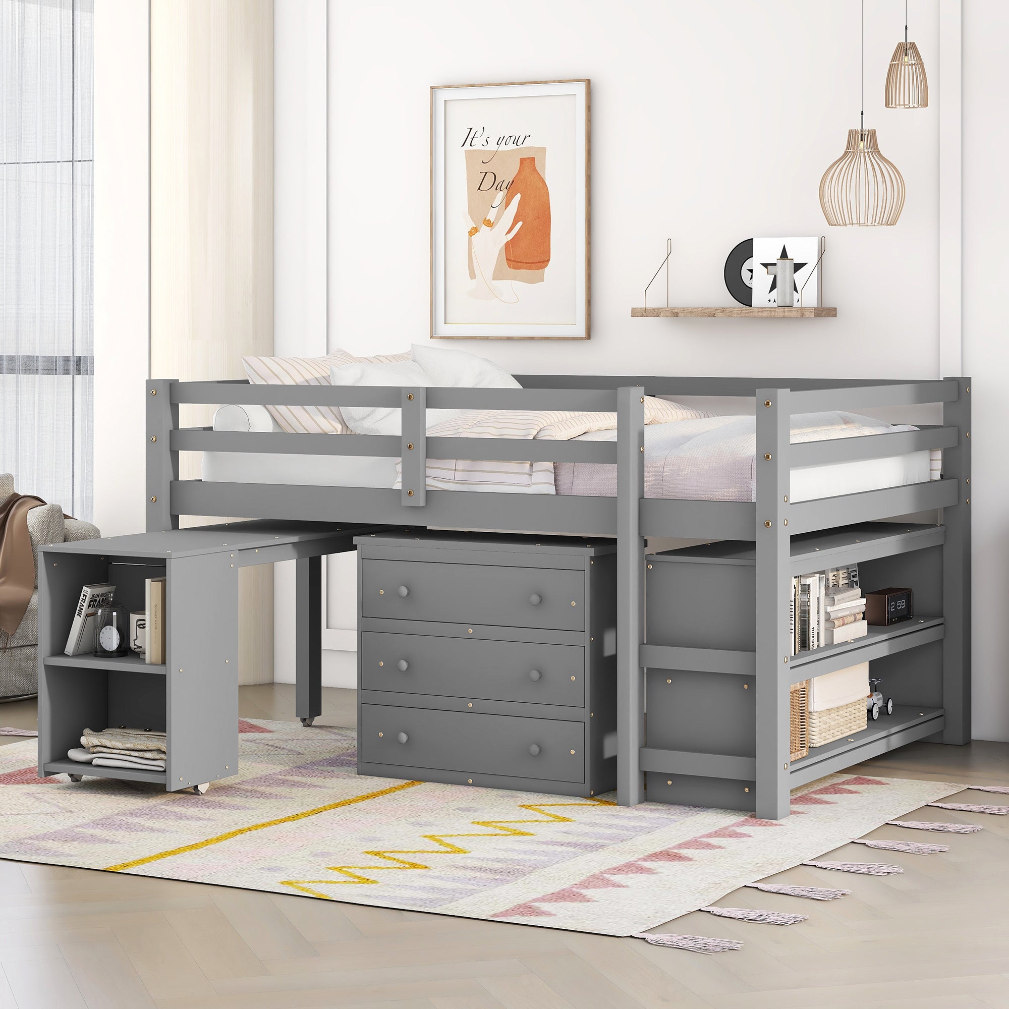 Low Study Full Loft Bed w/ Cabinet Shelves & Desk (Gray)