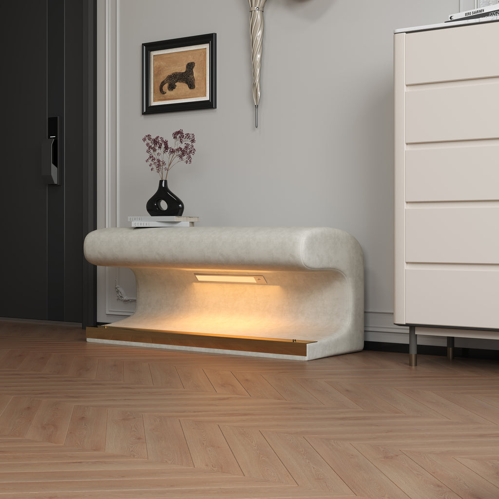 Entryway Bench Leather Ottoman w/ LED Sensor Light (Beige)