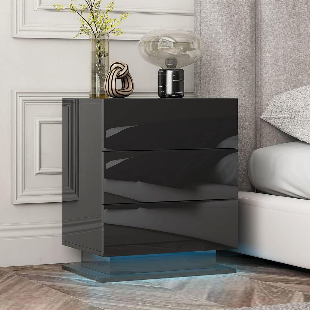 Modern LED Nightstand w/ 3 Drawers (Black)