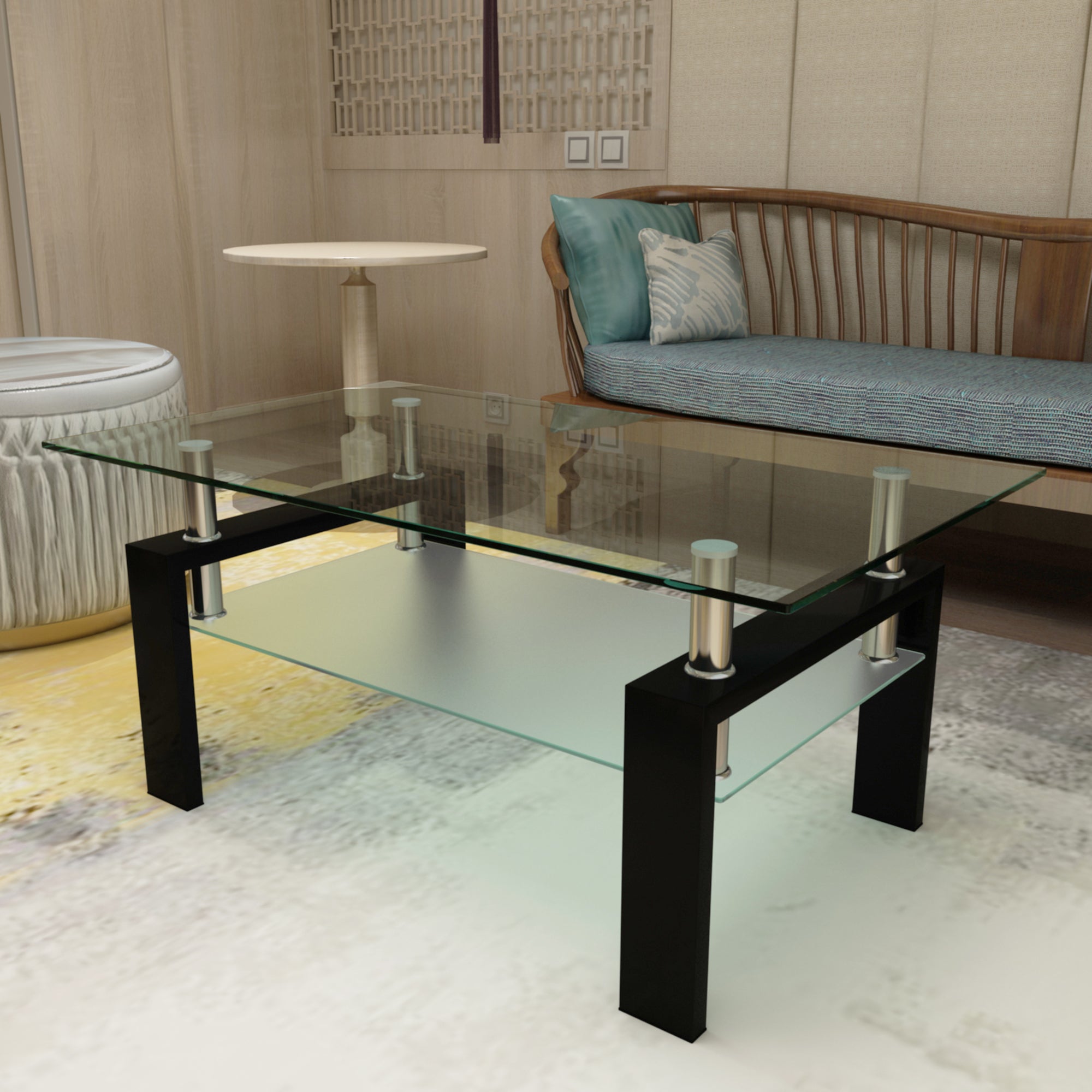 Modern 2-Layer Rectangle Black Glass Coffee Table (Black)