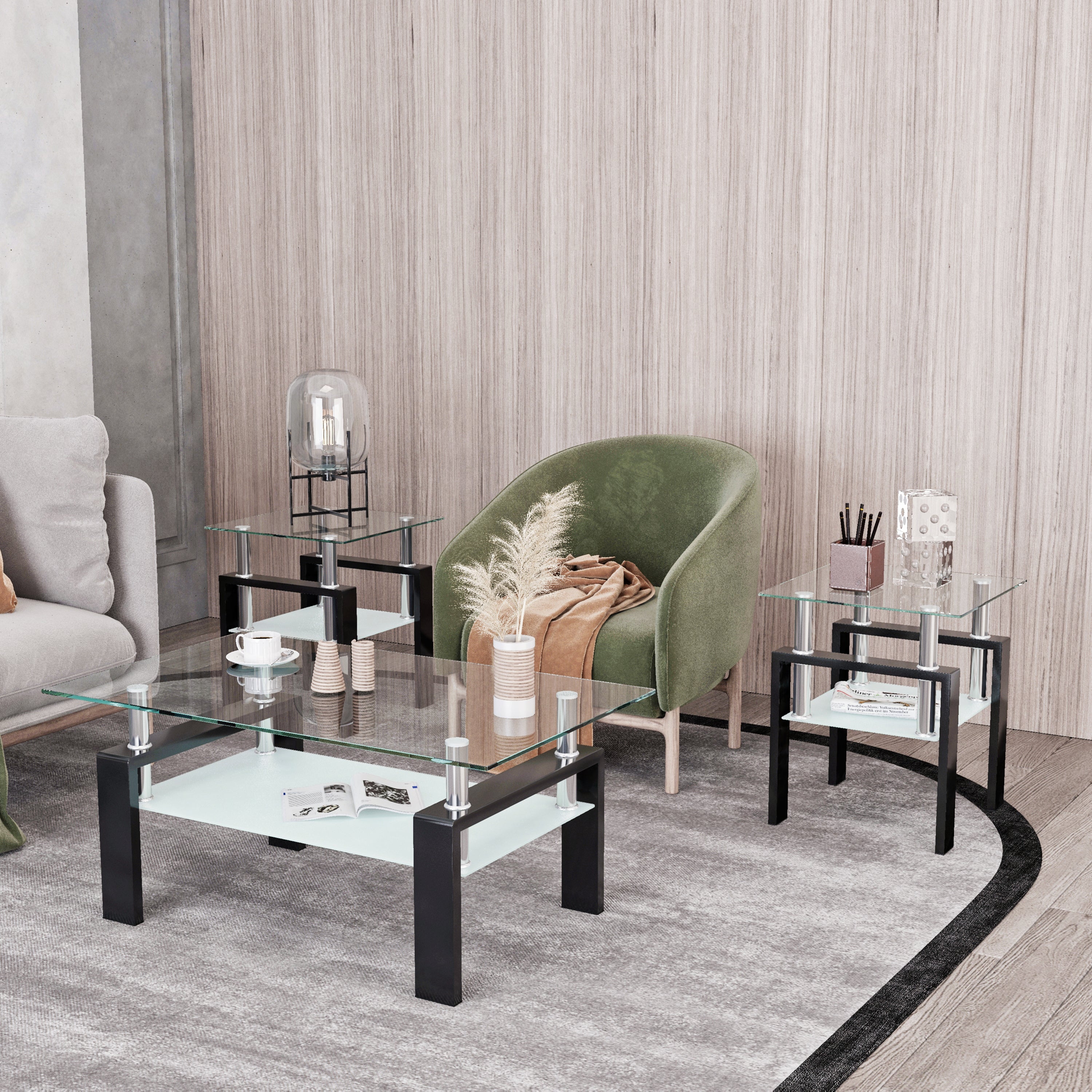 Set of 2, Modern Tempered Glass Coffee Table (Black)