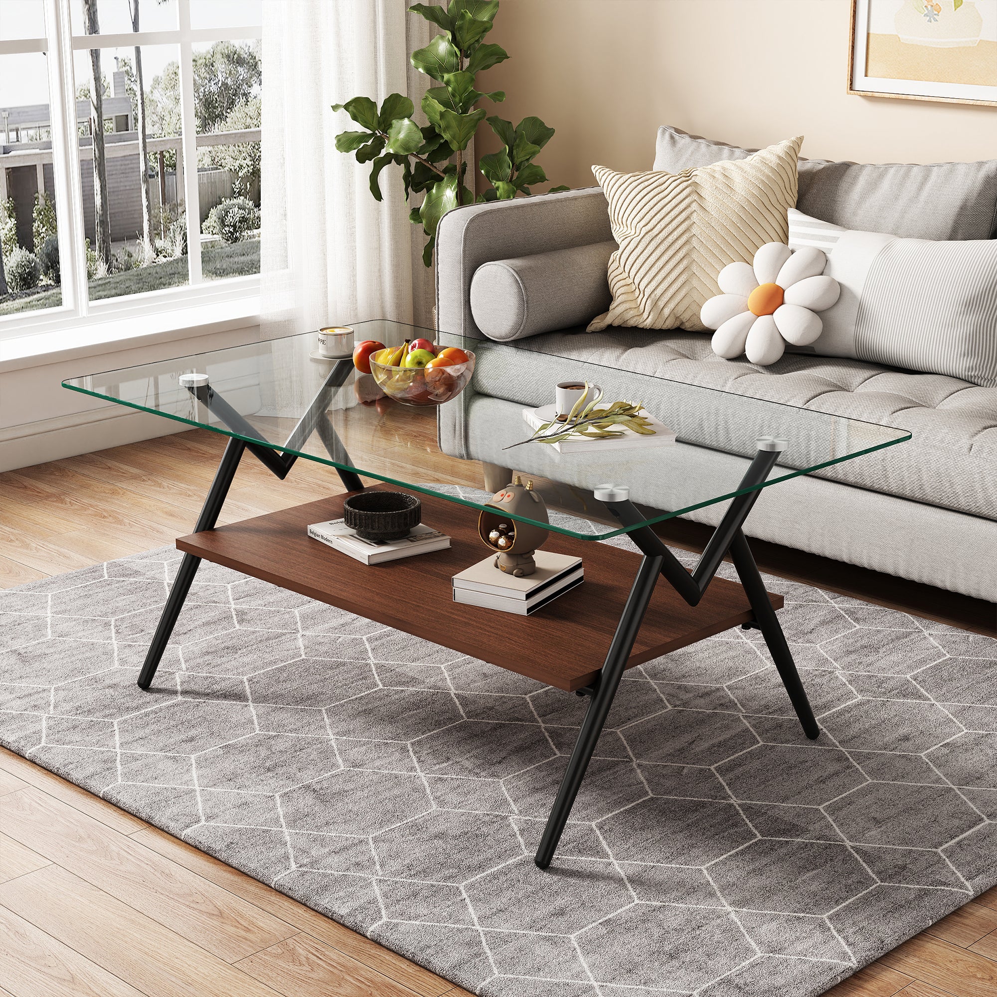 Modern Rectangle Coffee Table with Tempered Glass