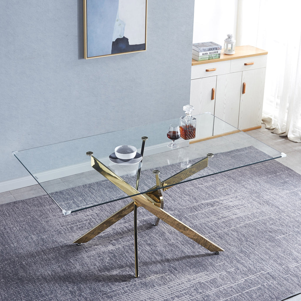 Modern Rectangular Tempered Glass Dining Table (Gold)