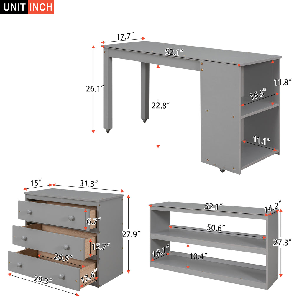 Low Study Full Loft Bed w/ Cabinet Shelves & Desk (Gray)