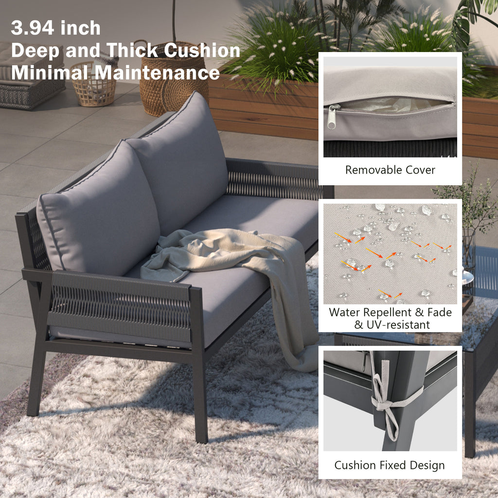 4 PC Boho Outdoor Furniture w/ Tempered Glass Table (Gray)