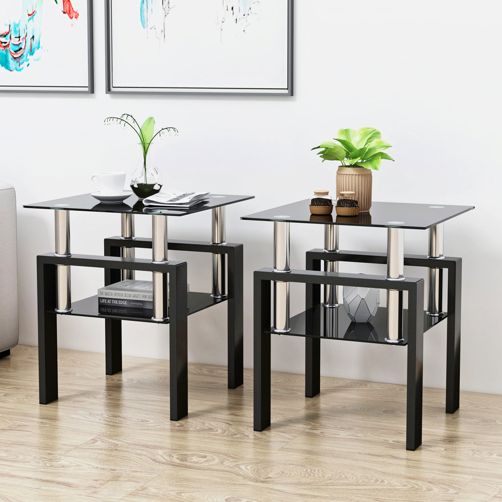 Set of 2, Modern Tempered Glass Coffee Table (Black)