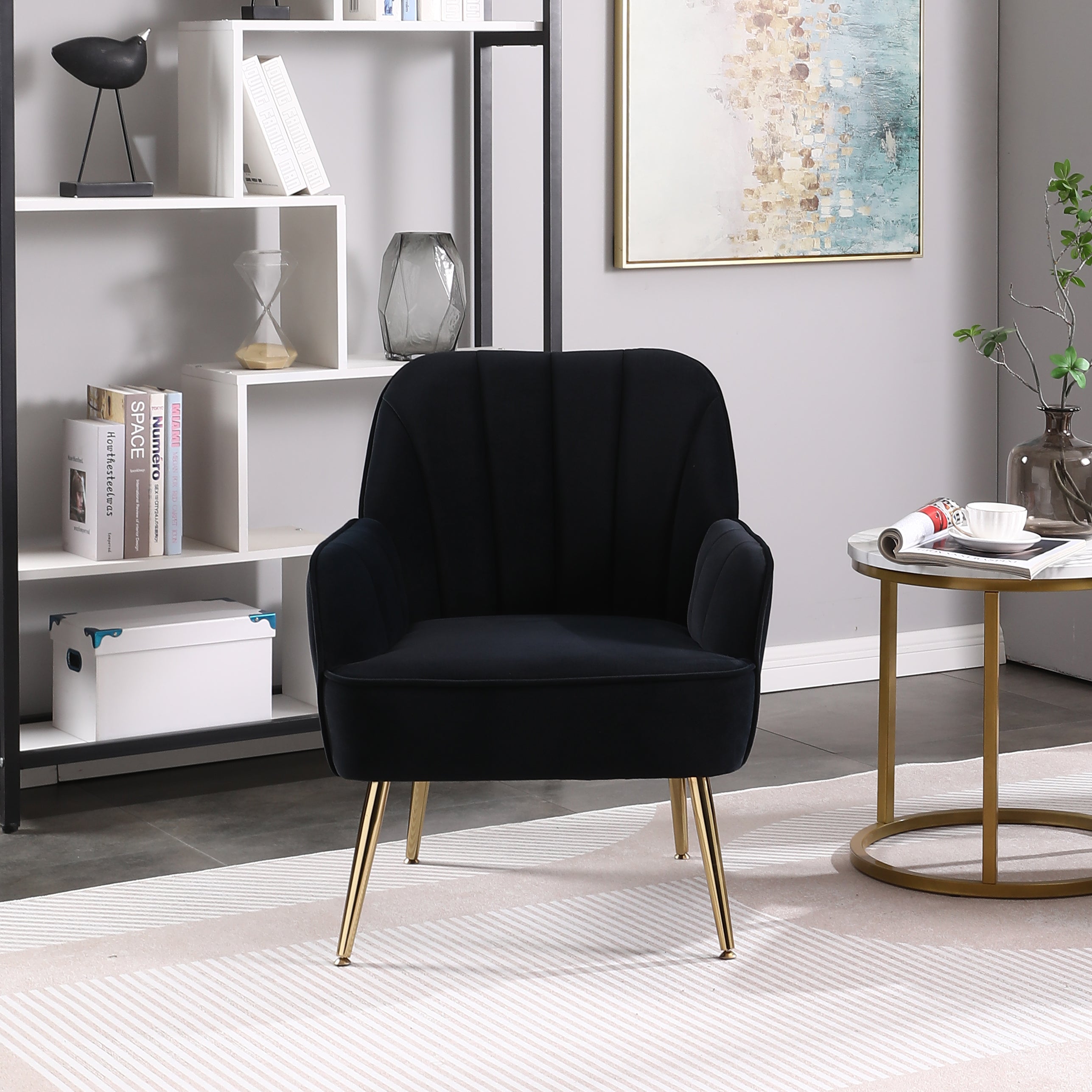Modern Mid Century Velvet Sherpa Armchair (Black)