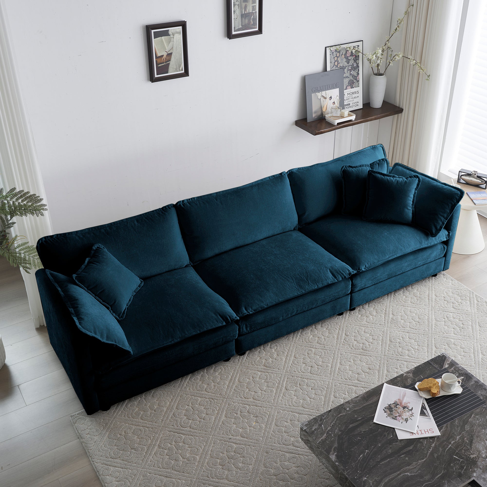 Mid-Century 3-Seat Chenille Sofa with 2 Armrest Pillows and 3 Toss Pillows (Blue)