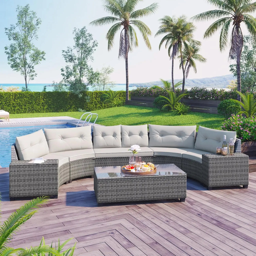 Acacia Wood Half-Moon Outdoor Sofa Set w/ Coffee Table - 6 Seat