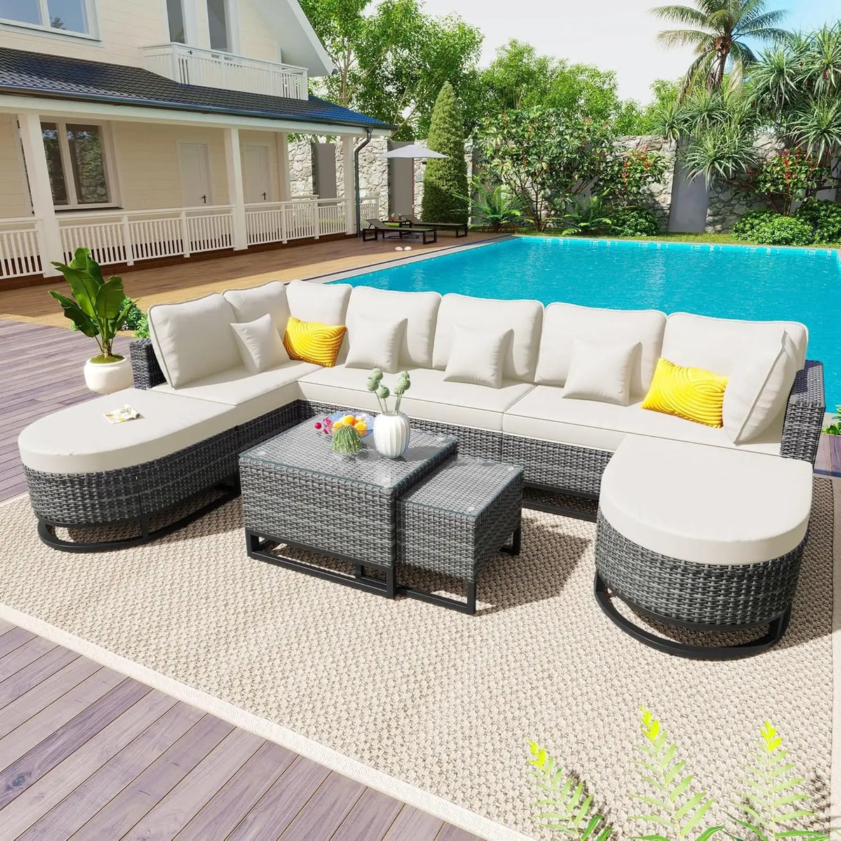 Acacia Wood Half-Moon Outdoor Sofa Set w/ Coffee Table - 6 Seat