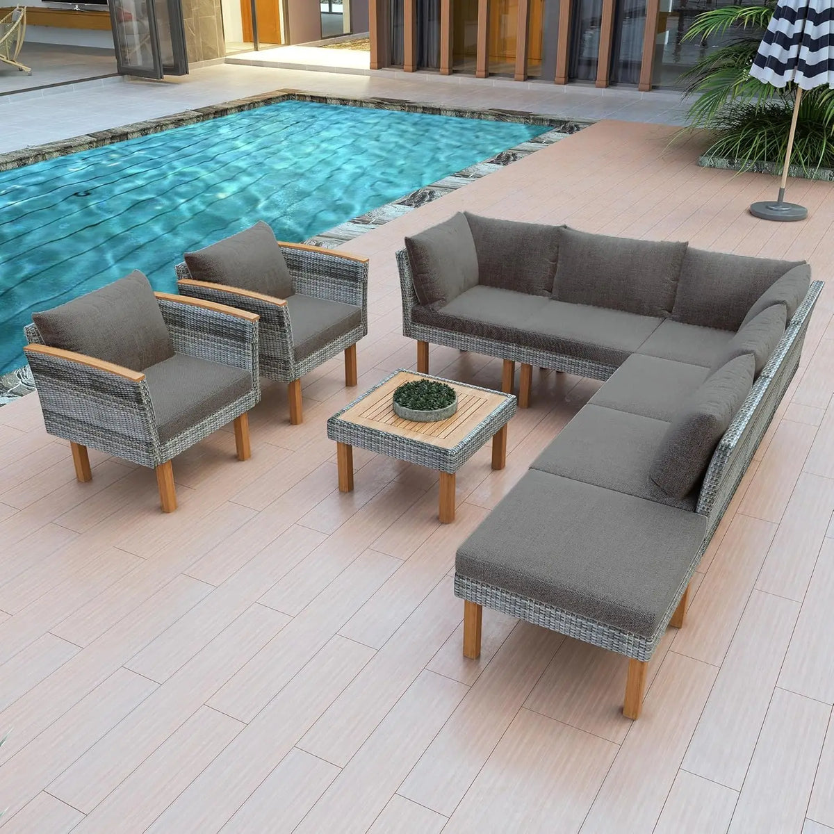 Acacia Wood Half-Moon Outdoor Sofa Set w/ Coffee Table - 6 Seat