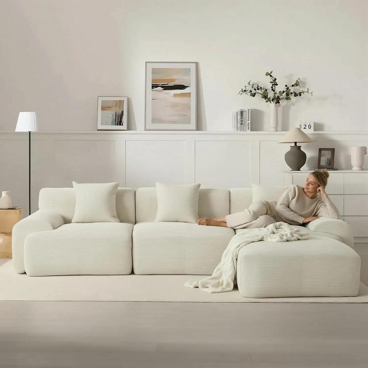 Modular Sectional Sofa with Ottoman Corduroy Memory Foam - No Assembly