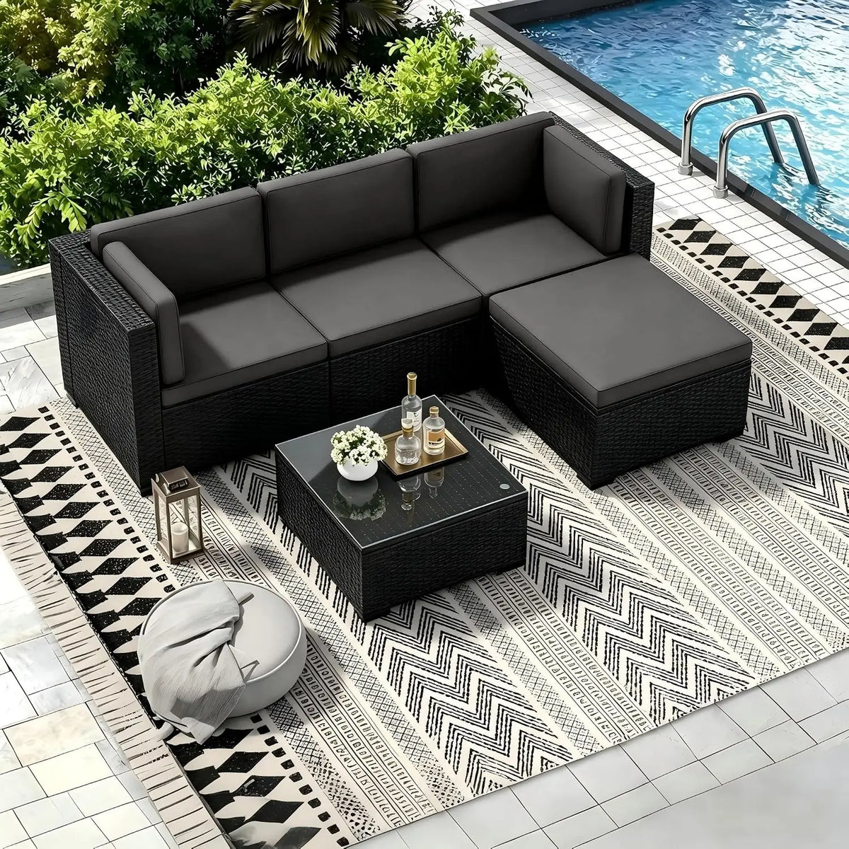5 Piece Rattan Wicker Patio Sectional