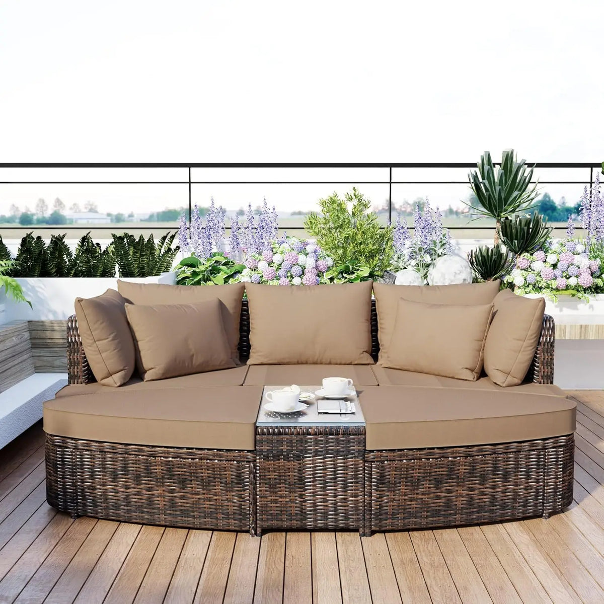 Acacia Wood Half-Moon Outdoor Sofa Set w/ Coffee Table - 6 Seat