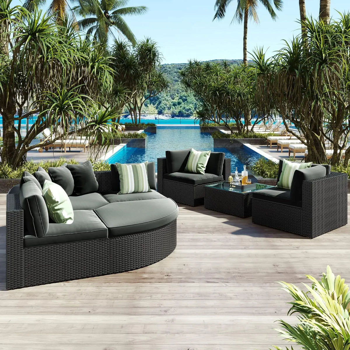 Acacia Wood Half-Moon Outdoor Sofa Set w/ Coffee Table - 6 Seat