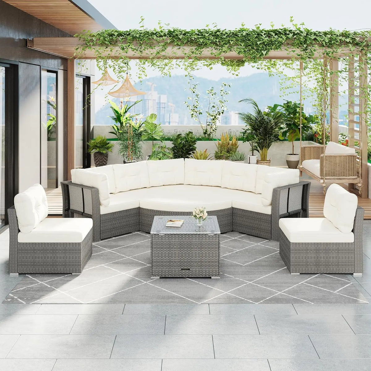 Acacia Wood Half-Moon Outdoor Sofa Set w/ Coffee Table - 6 Seat