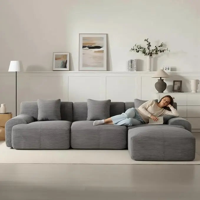 Modular Sectional Sofa with Ottoman Corduroy Memory Foam - No Assembly