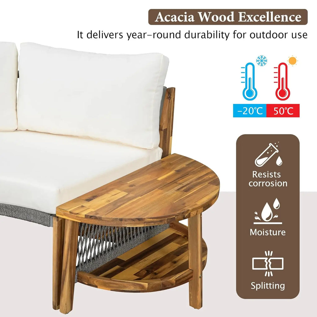 Acacia Wood Half-Moon Outdoor Sofa Set w/ Coffee Table - 6 Seat