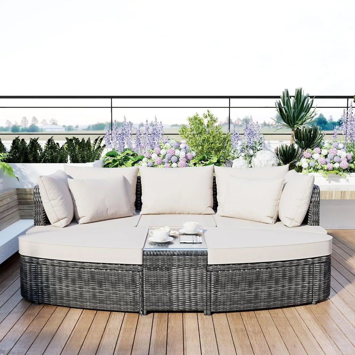 Acacia Wood Half-Moon Outdoor Sofa Set w/ Coffee Table - 6 Seat